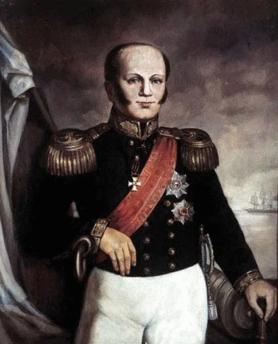 Dmitrij Nikolajevič Senjavin (1763–1831). Viceadmiral Senjavin je 1806. doveo rusku eskadru na Jadran i zajedno s Crnogorcima Petra I zauzeo Boku Kotorsku. Godinu i po kasnije, poslije Tilzitskog mira, morao je da prepusti zaliv Francuzima. Portret nepoznatog autora. Javno dobro.