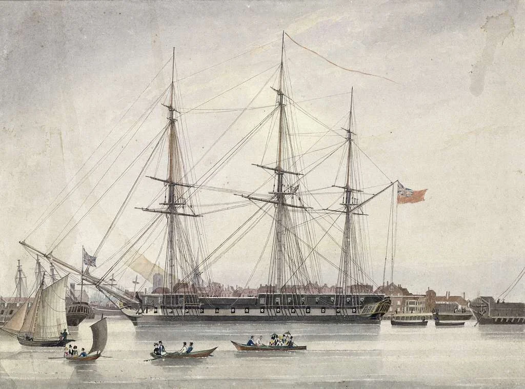 Fregata „Bacchante“ kod brodogradilišta u Deptfordu, 1811. Na ovom brodu Vilijam Host je dvije godine kasnije uplovio u Bokokotorski zaliv. Akvarel nepoznatog autora. National Maritime Museum, Greenwich, London (PAH0785), javno dobro.