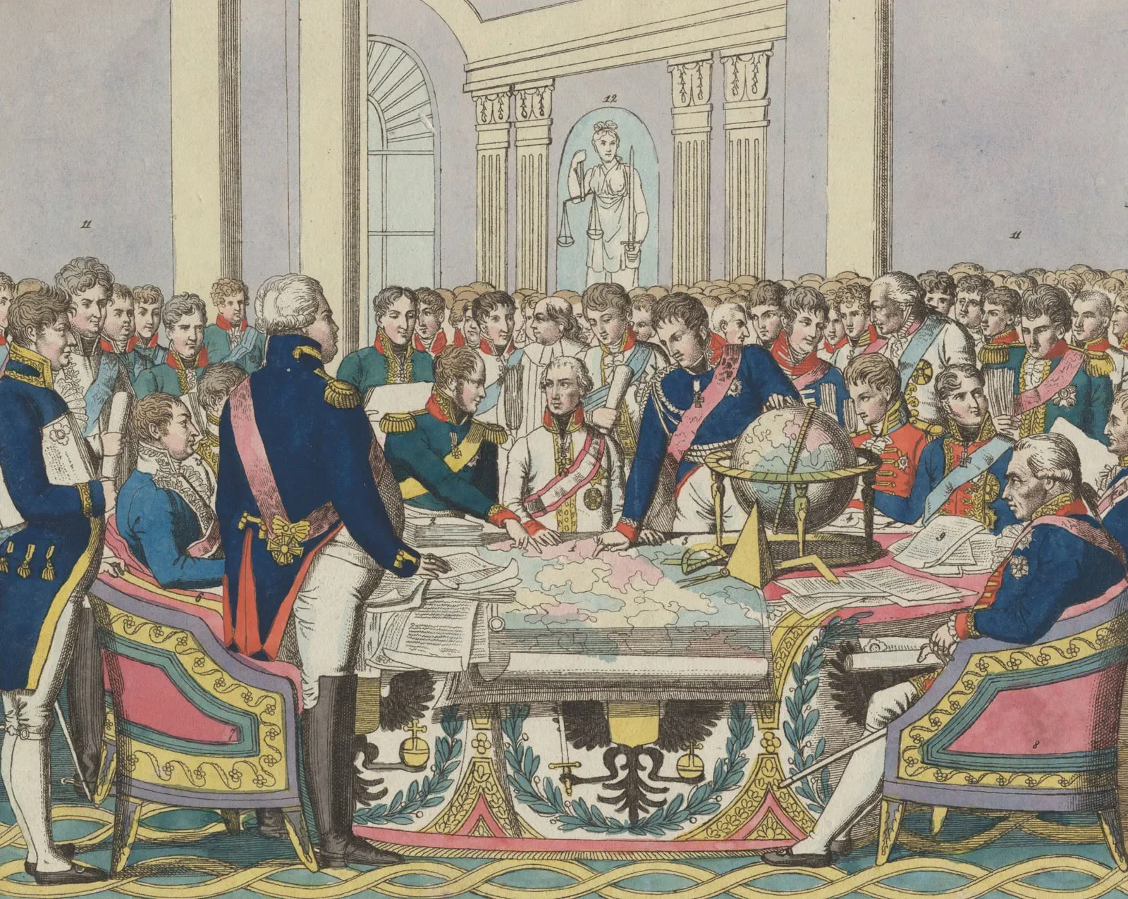 Delegati Bečkog kongresa nad kartom Evrope. Ovdje je 1815. konačno odlučeno da Boka Kotorska pripadne Austriji. Kolorisani bakropis nepoznatog majstora, Holandija, 1815. Rijksmuseum, Amsterdam, javno dobro.